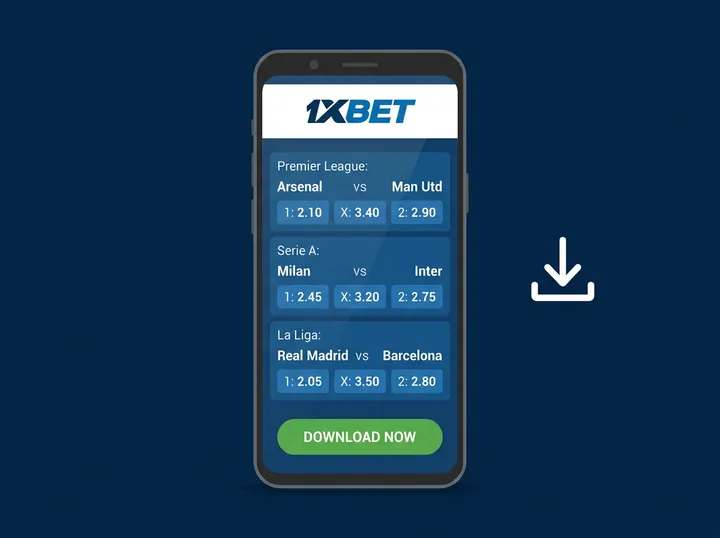 1xbet 공식 파란색 모바일 앱 화면이 표시된 Android 스마트폰 이미지와 흰색 다운로드 아이콘, 1xbet APK 설치 안내